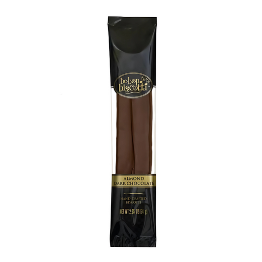 Almond biscotti dipped in dark chocolate, in black and gold
packaging.