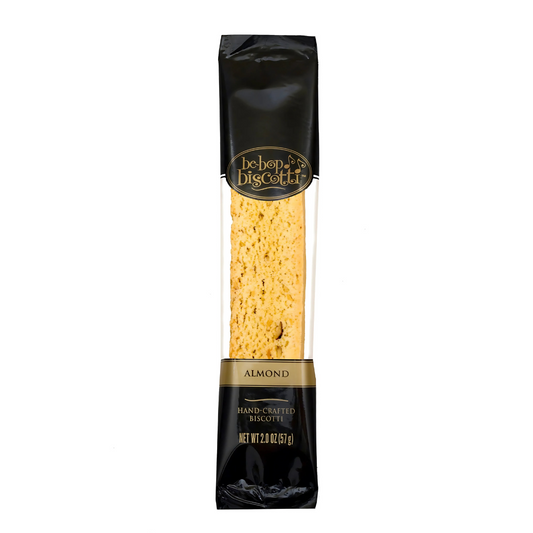 Almond biscotti in black and gold packaging, featuring a
golden color with almond specks.