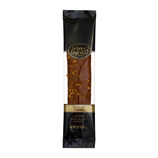 English Toffee biscotti with milk chocolate coating and
almond pieces, in black and gold packaging.