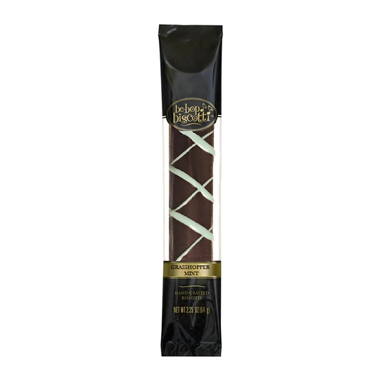 Grasshopper Mint biscotti with dark chocolate and white
mint icing in a crisscross pattern, in black and gold packaging.