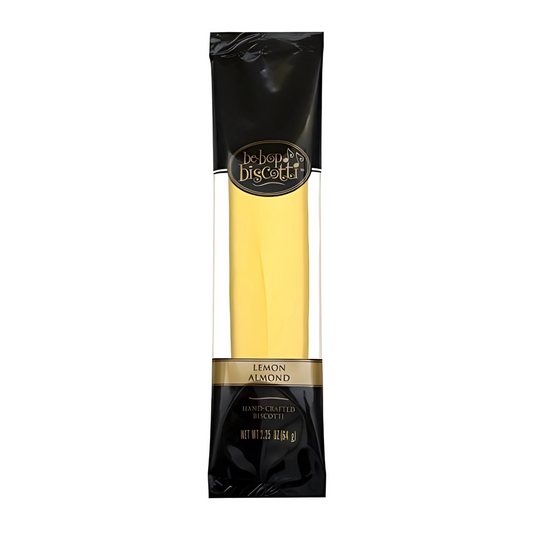 Lemon Almond biscotti with a pale yellow lemon coating, in
black and gold packaging.