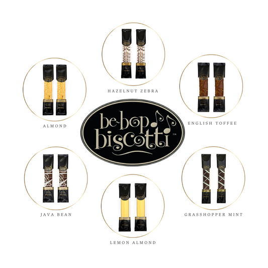 Assorted flavors of Be-Bop Biscotti in a set of individually wrapped biscotti.