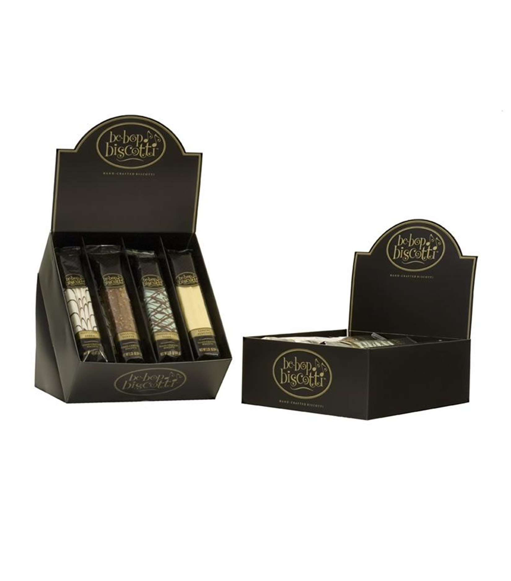 Be-Bop Biscotti retail counter display with individually wrapped biscotti in black and gold packaging.