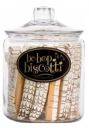 Hazelnut Zebra Biscotti in a 1 Gallon Glass Jar and Lid. The jar has as a Be-Bop Biscotti Logo