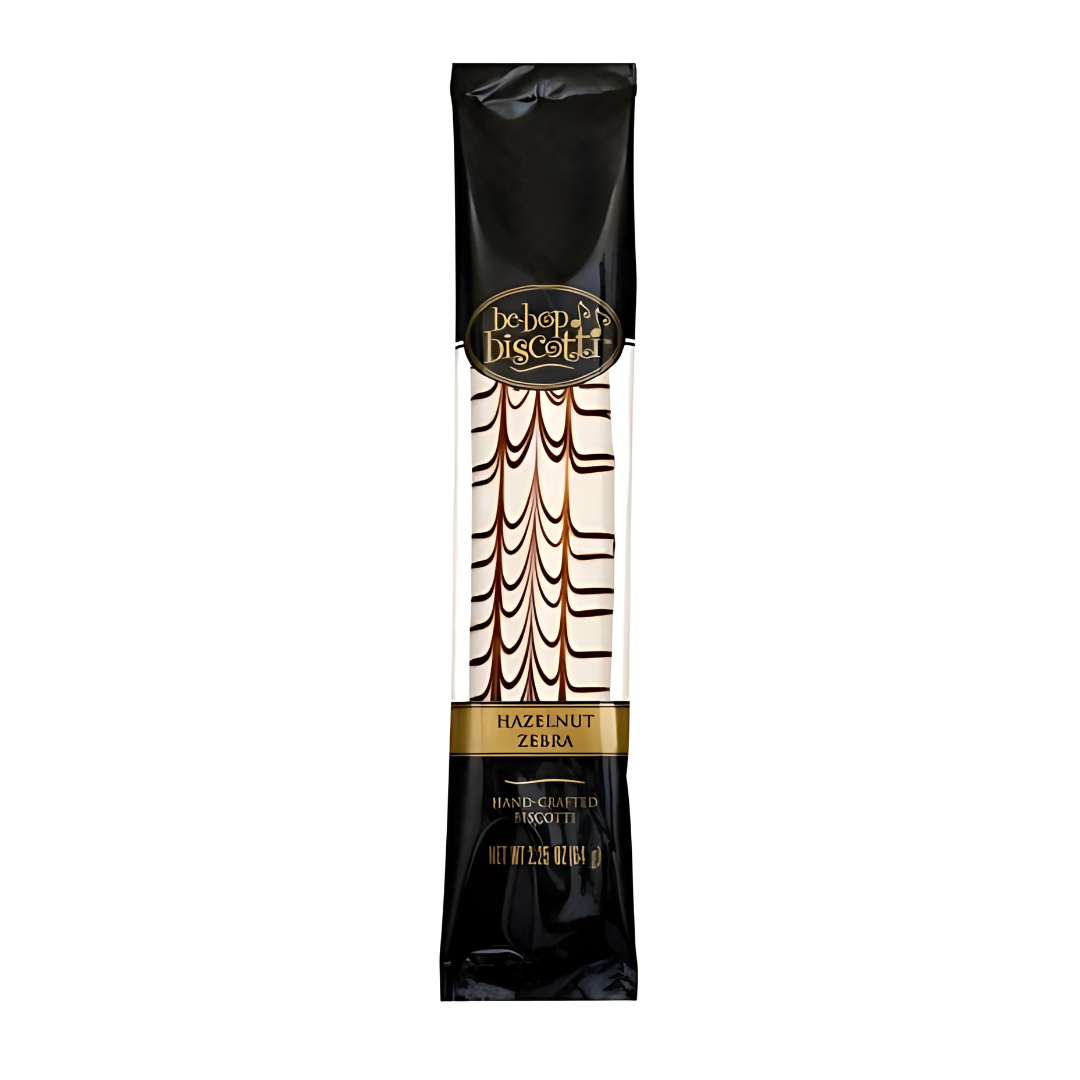 Hazelnut biscotti with dark and white chocolate zebra
stripes, in black and gold packaging.